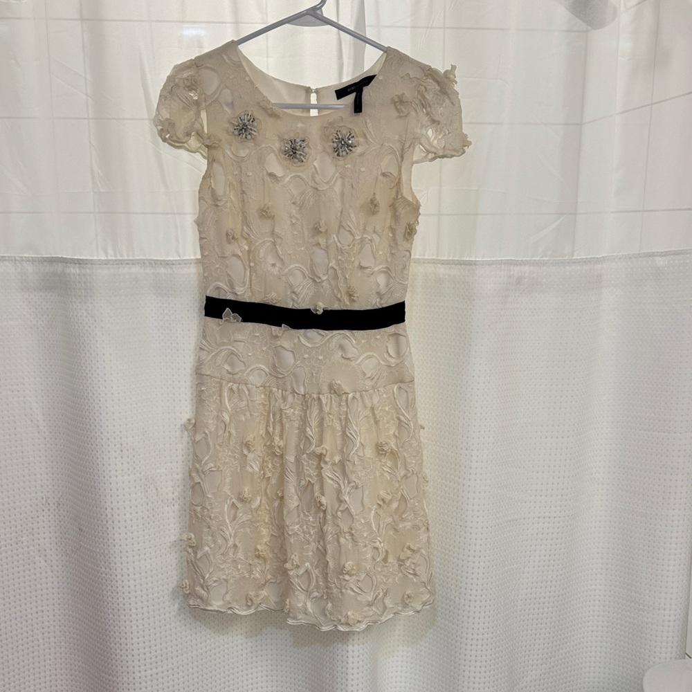 Elegant Cream Floral Dress with Black Belt